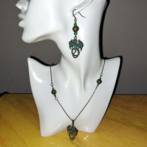 Green Patina Bronze Dragon Charm Jewelry Set